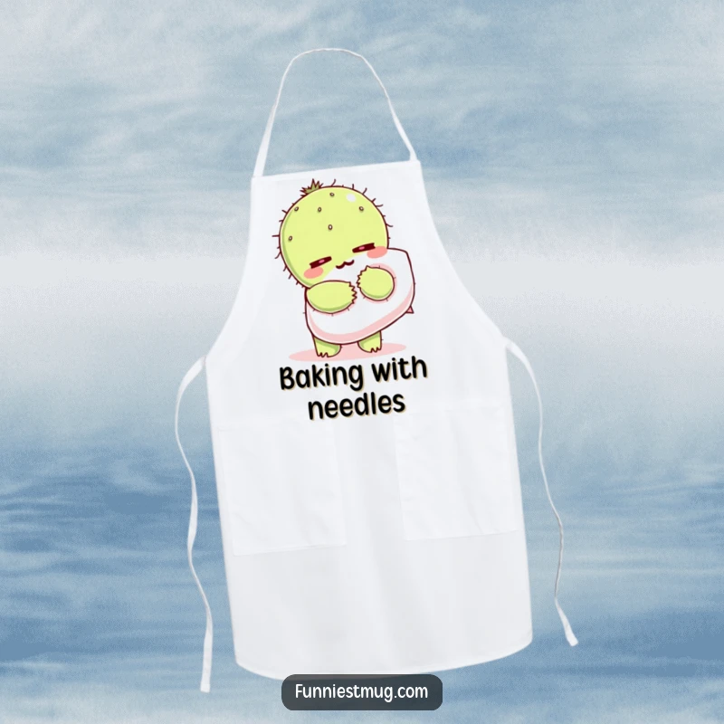 Funny Kawaii apron of a cactus character wincing while hugging a fluffy pillow.