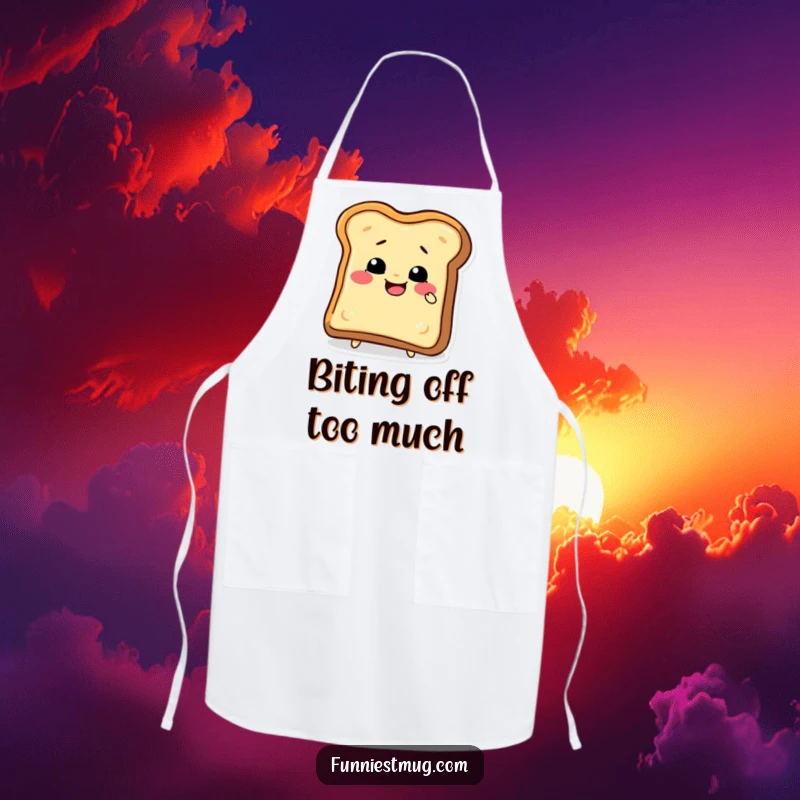 Funny toast slice character in a comical biting pose on an apron, designed for humorous cooking sessions and funny gifts.