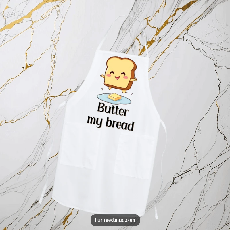 Funny apron depicting a smiling toast character bravely jumping over a tiny puddle of butter, a humorous kitchen accessory.