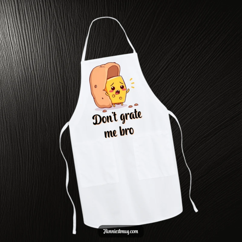 Funny cheese slice character flustered, trying to escape a giant cracker, humorous food art on a kitchen apron.