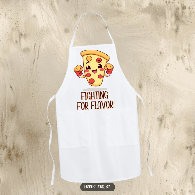 Funny apron featuring a happy pizza slice wearing tiny boxing gloves and flexing, ready for kitchen battles.