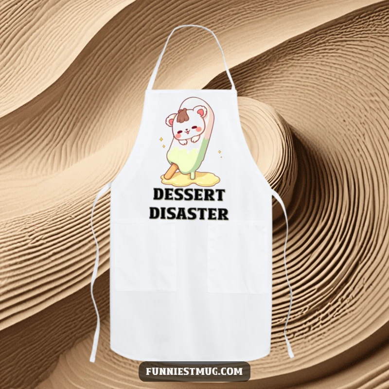 Funny Cute Animal Chef Apron comically slipping on a melting chocolate bar, ideal for kitchen fun and protecting clothes.