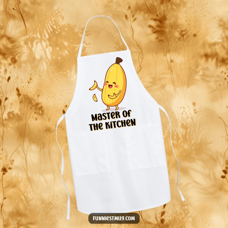 Funny banana juggling apron, a winking banana juggling bananas, ready for kitchen fun.