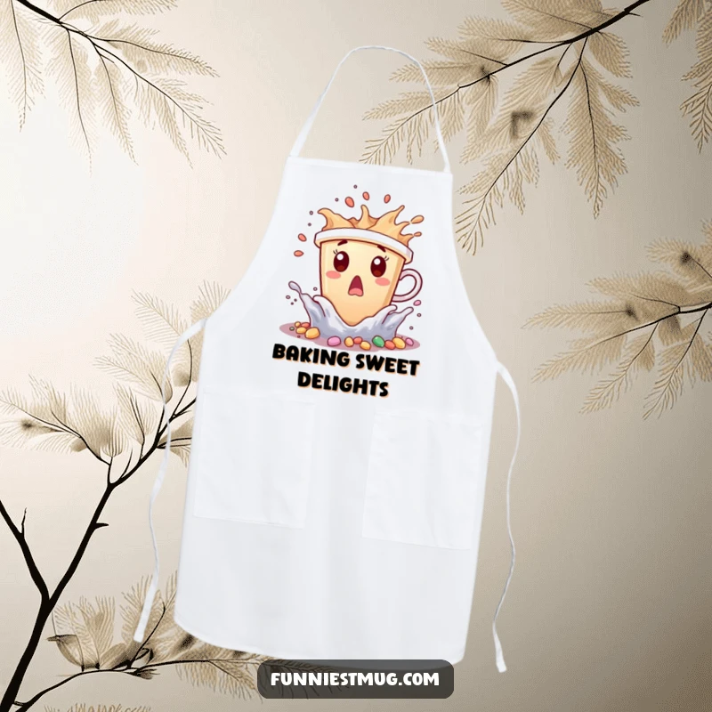 Funny coffee cup character surprised by tiny candy waves splashing, on an apron.