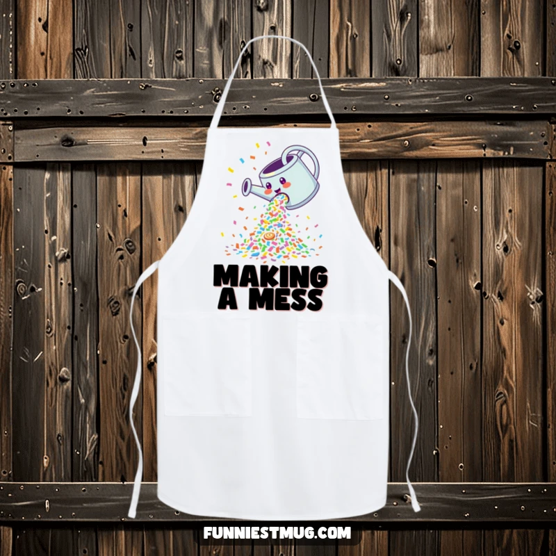 Funny Apron: Giggling watering can pouring a cascade of colorful confetti, ideal for festive cooking.