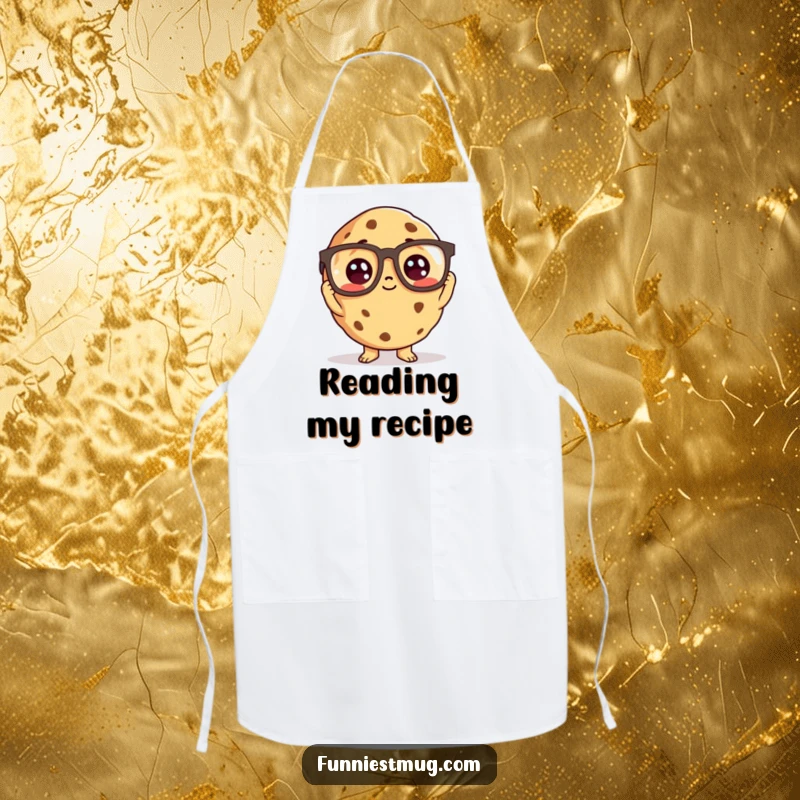 Funny cookie character wearing oversized reading glasses, cooking, on an apron.