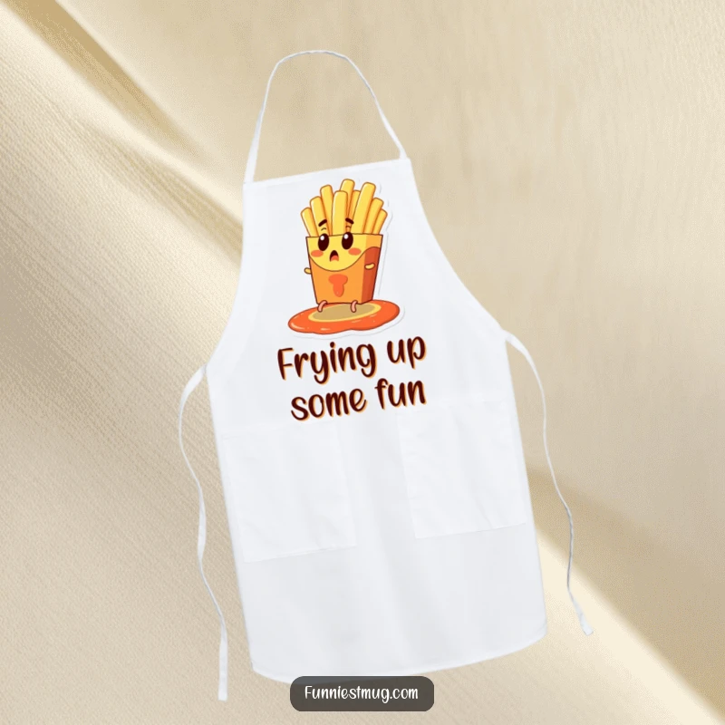 Funny apron showcasing a surprised french fry character with tiny legs escaping a ketchup pool, perfect for chefs who appreciate humorous food-themed kitchen attire.