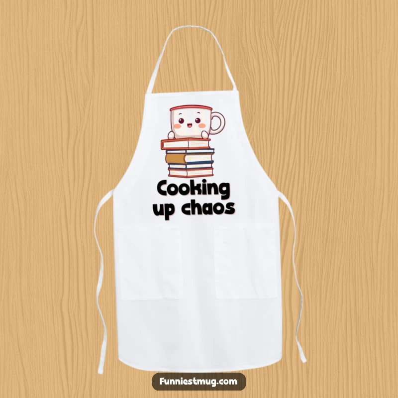 Funny Kawaii apron of a coffee mug character comically trying to balance a stack of books while apron-clad, ready to cook.