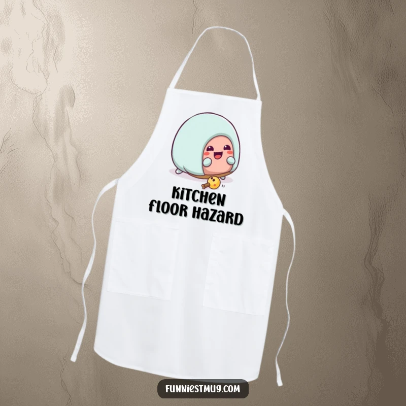 Funny Kawaii house slipper character hilariously tripping over a toy, worn as a humorous and protective apron.