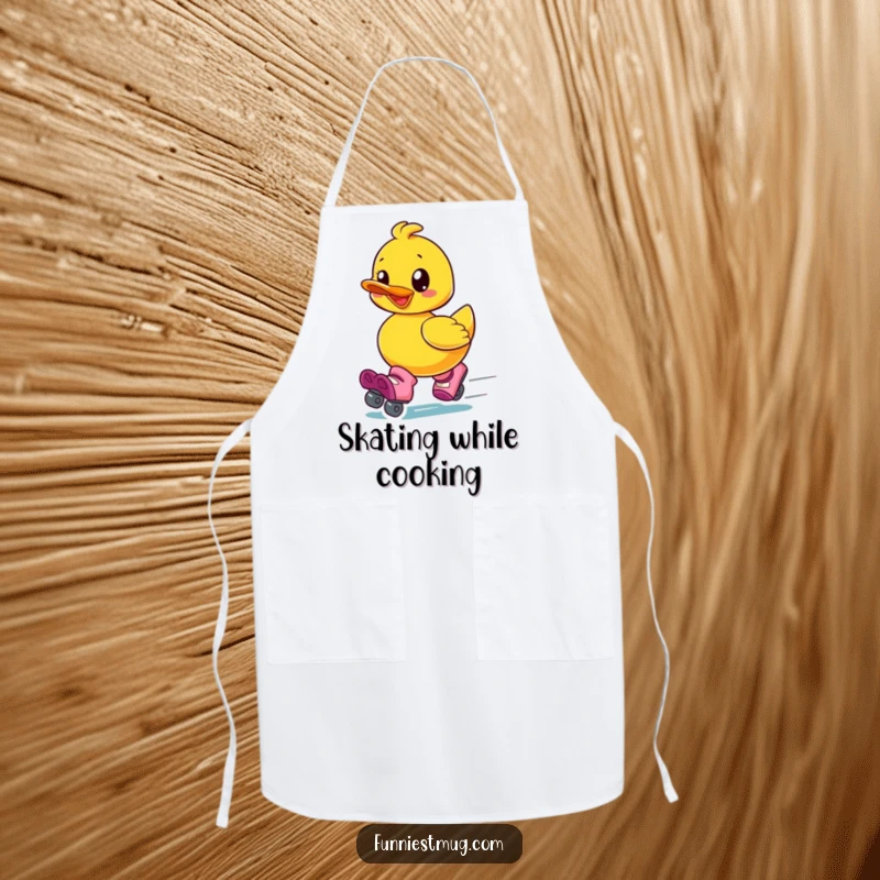 Funny apron depicting a gleeful rubber ducky wearing oversized roller skates and speeding away with pure joy, a humorous accessory.