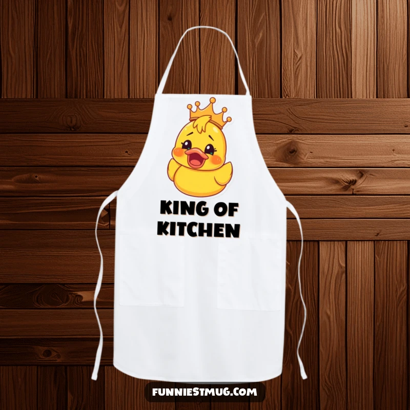Funny Rubber Ducky Crown Apron: Kitchen apron with a rubber ducky wearing a crown, its face showing shocked elation, a funny and practical accessory.