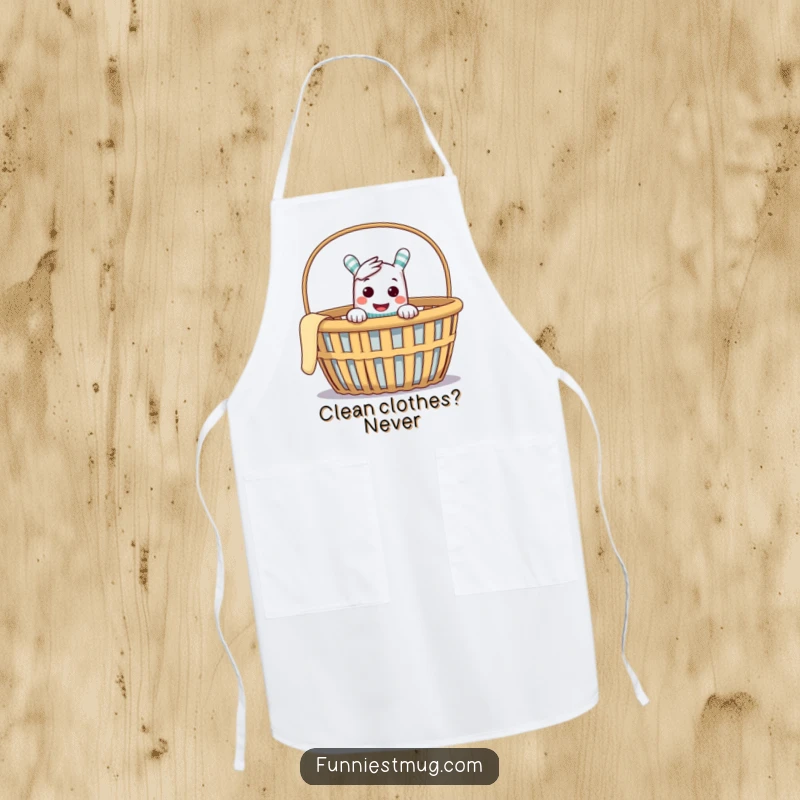 Funny apron with a cheeky sock puppet peeking from an empty laundry basket, ready for kitchen mischief.