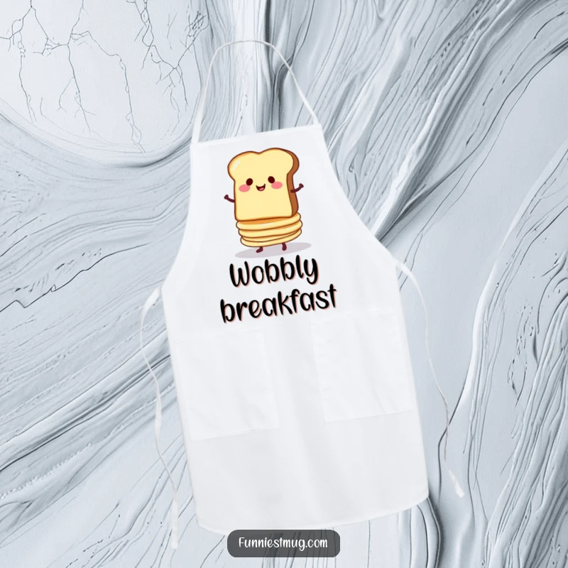 Funny apron depicting a smug slice of toast balancing a wobbly stack of pancakes, a humorous kitchen accessory.