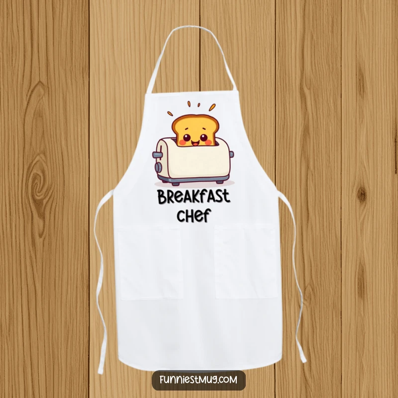 Funny Apron showing smiling toast popping out of a toaster with exaggerated surprise, perfect for kitchen fun.