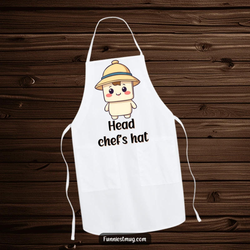 Funny apron showing a happy blocky character trying to wear a comically large hat that covers its entire face.