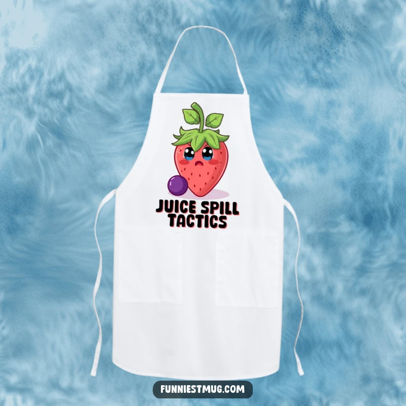 Funny strawberry character comically slipping on a grape on an apron, designed for humorous cooking sessions and funny gifts.