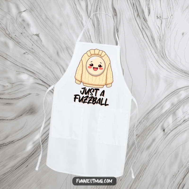 Funny Apron: Exaggeratedly happy button stuck on a giant, fuzzy sweater, serving up kitchen humor with style.