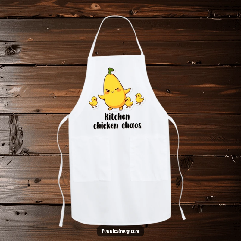 Funny apron depicting a mischievous banana character winking and juggling tiny rubber chickens, a humorous kitchen accessory.