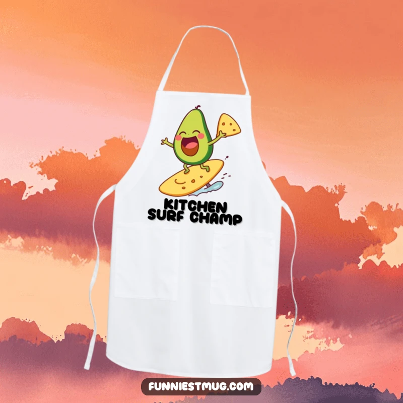 Funny avocado character laughing while surfing on a giant tortilla chip, on an apron.