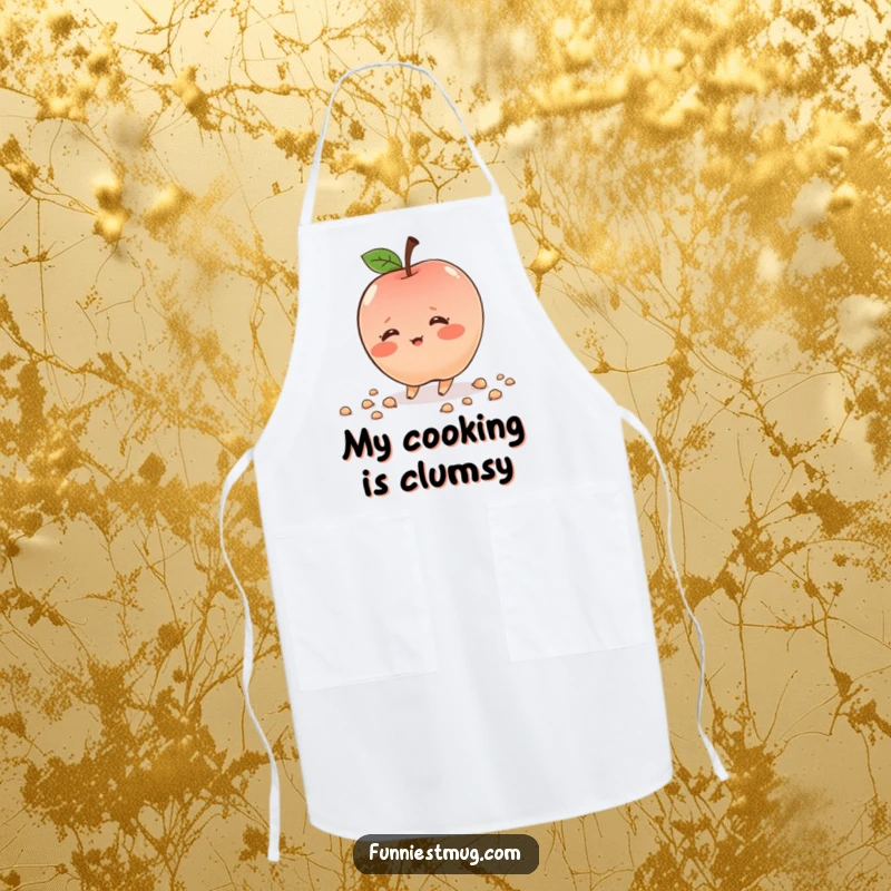 Funny shy apple character, blushing, tripping, cute apron, bringing humor to cooking, excellent gift.