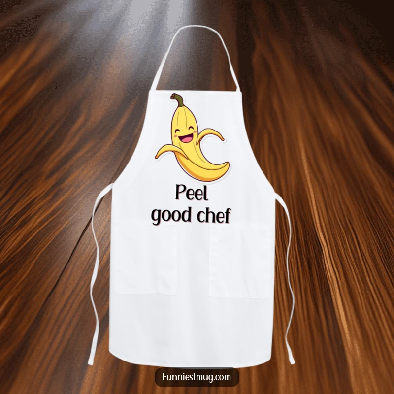 Funny Banana Peel Slip Apron: Kitchen apron with a grinning banana peel comically slipping with flair, a funny and practical accessory for cooks.