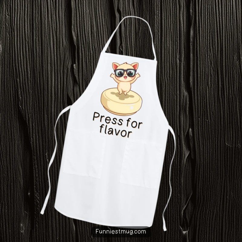Funny Little Creature Chef Apron with oversized glasses joyfully dancing on a button, ideal for kitchen fun and adding humor.