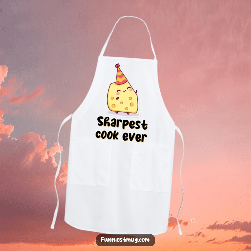 Funny Apron: Jolly cheese wedge attempting to balance a tiny party hat, ideal for humorous cooking sessions.