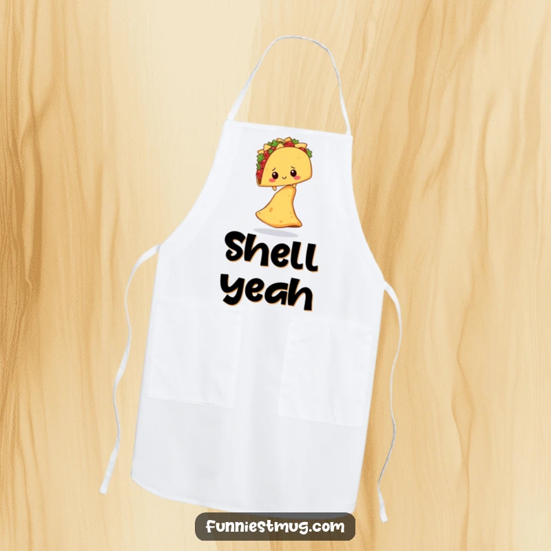 Funny Shy Taco Nacho Chip Apron: A shy taco character balancing on a huge nacho chip, perfect for funny cooking.