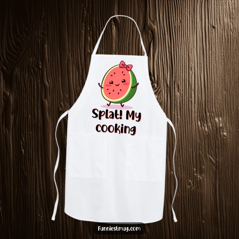 Funny apron featuring a cheerful watermelon slice with a bow, comically tripping, perfect for adding humor to kitchen tasks.