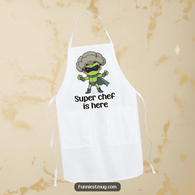 Funny broccoli superhero apron, striking a heroic pose while cooking, ready for kitchen battles.