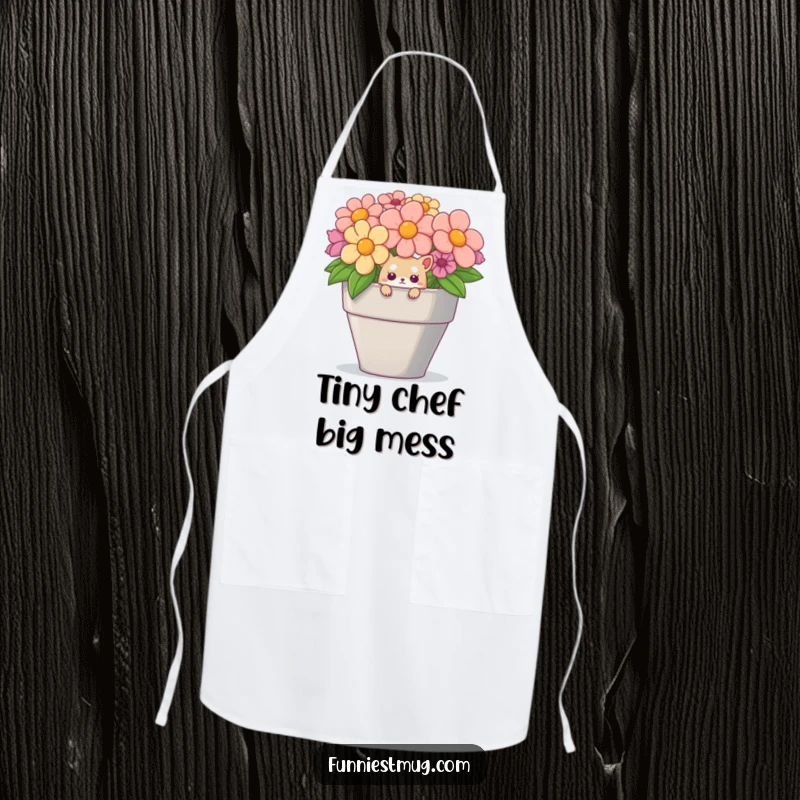 Funny and practical apron with a creature peeking from a teacup, perfect for kitchen messes and smiles.
