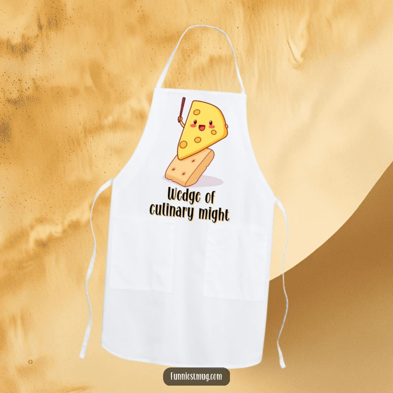 Funny apron showcasing a determined cheese wedge character pole vaulting over a cracker, perfect for chefs who appreciate humorous dairy-themed kitchen attire.