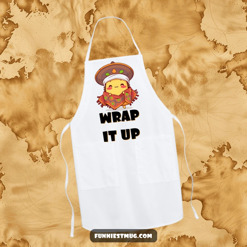 Funny proud taco character comically wearing a sombrero as a blanket, Mexican food humor on a kitchen apron.