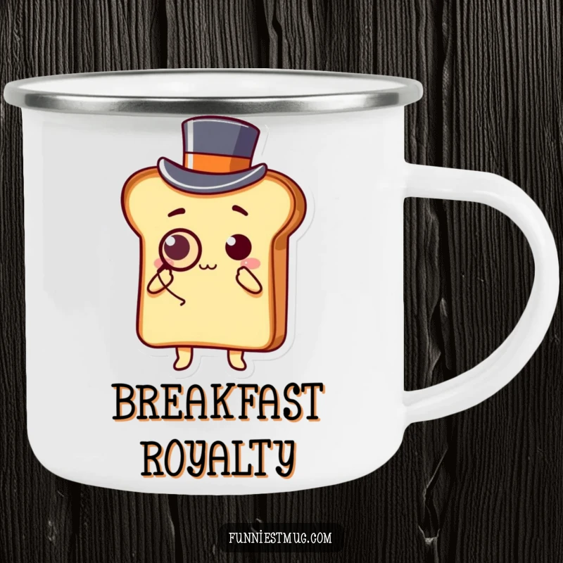 Funny Kawaii enamel camping mug with a slice of toast character, top hat, monocle, and bowing pose.