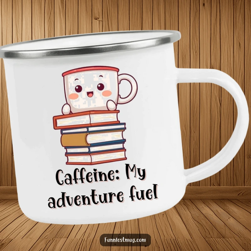 Funny Kawaii enamel camping mug with a coffee mug character comically attempting to balance a stack of books in an outdoor setting.