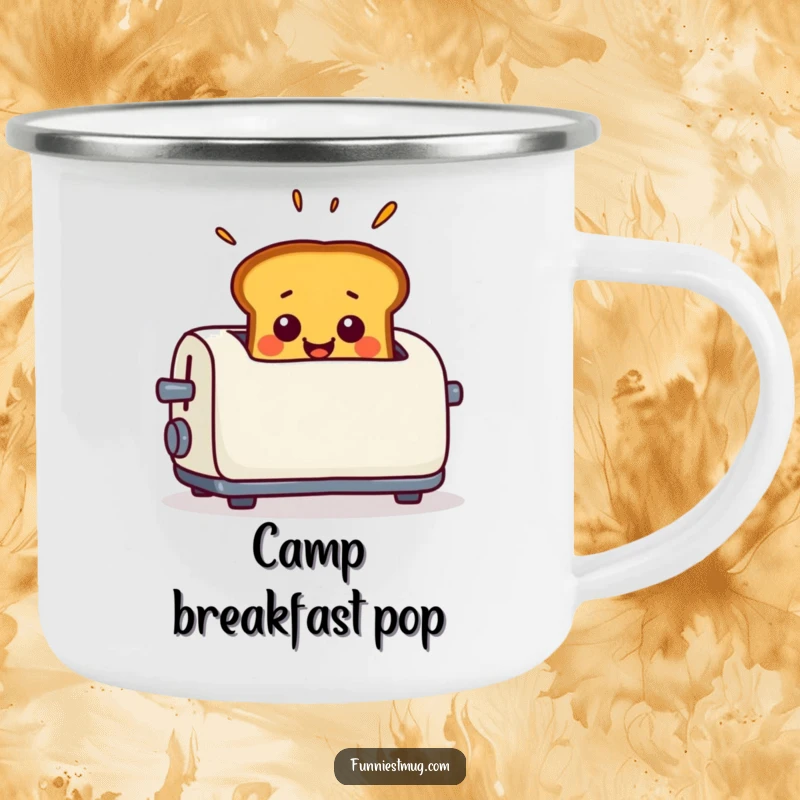 Funny Camping Mug with smiling toast popping out of a toaster with exaggerated surprise, perfect for outdoor drinks.