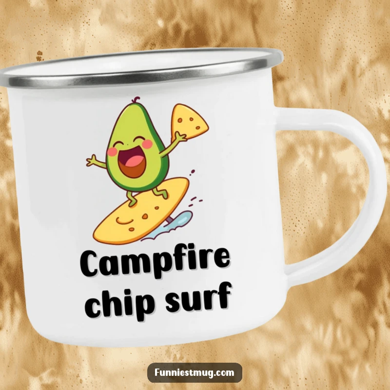 Funny avocado character laughing while surfing on a giant tortilla chip, holding a camping mug.