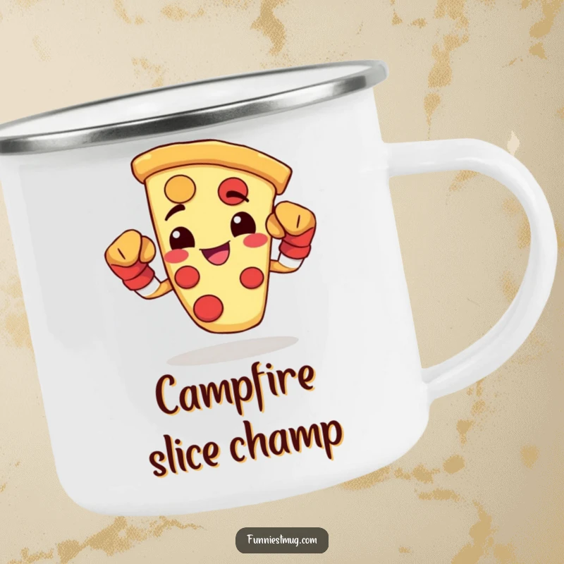 Funny camping mug featuring a happy pizza slice wearing boxing gloves and flexing, perfect for hearty outdoor sips.