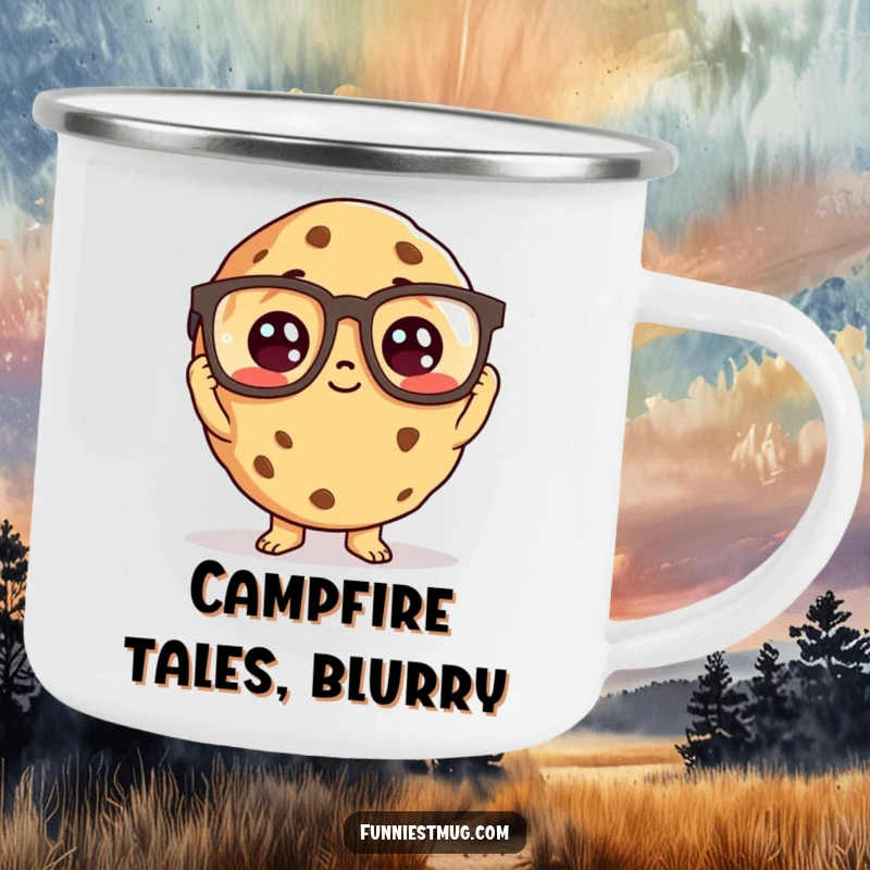 Funny cookie character wearing oversized reading glasses, holding a camping mug.