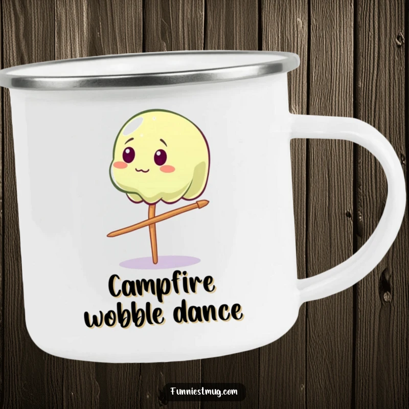 Funny Wobbly Jelly Camping Mug: A wobbly jelly character comically balancing on a toothpick, ideal for camp drinks.