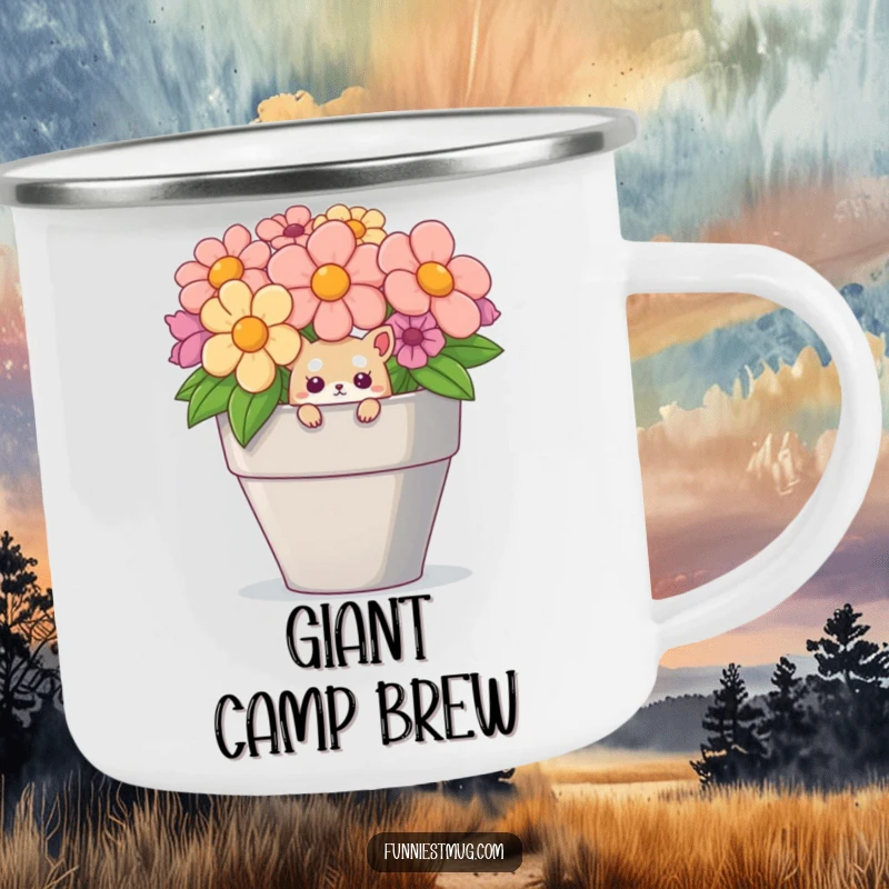 Sturdy funny camping mug featuring a curious creature peeking from a large teacup, ready for any adventure.