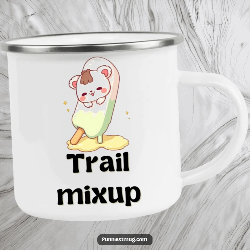 Funny Cute Animal Camping Mug illustrating the character's comical slip on a melting chocolate bar, perfect for outdoor fun.