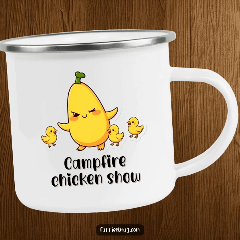 Funny camping mug with a mischievous banana character winking and juggling tiny rubber chickens, perfect for outdoor humor.