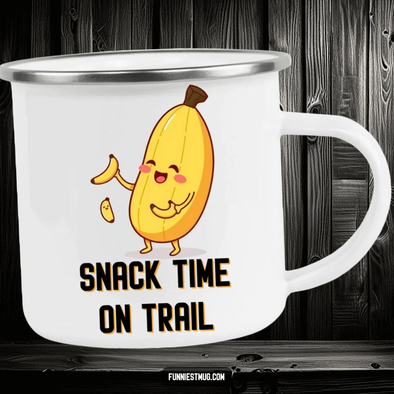 Funny banana juggling camping mug, a winking banana juggling bananas, perfect for outdoor drinks.