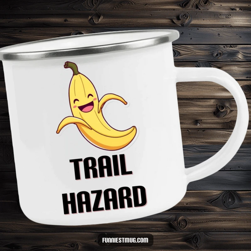 Funny Banana Peel Slip Camping Mug: Enamel mug with a grinning banana peel in a comical slip with exaggerated flair, a funny outdoor companion.