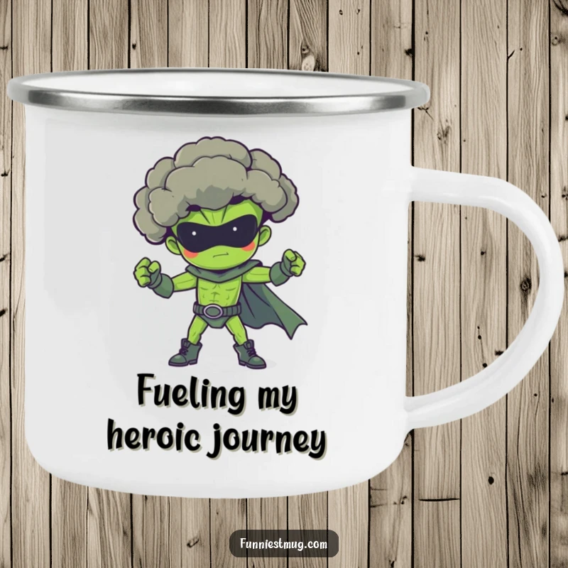 Funny broccoli superhero camping mug, flexing in a heroic pose, perfect for campfire coffee.