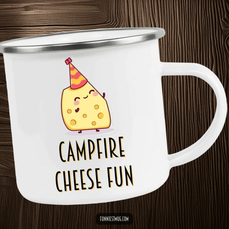 Funny Camping Mug: Jolly cheese wedge attempting to balance a tiny party hat, perfect for outdoor celebrations.