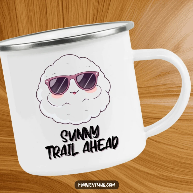 Funny camping mug with a cute, fluffy cloud character comically wearing oversized sunglasses, perfect for outdoor enjoyment.