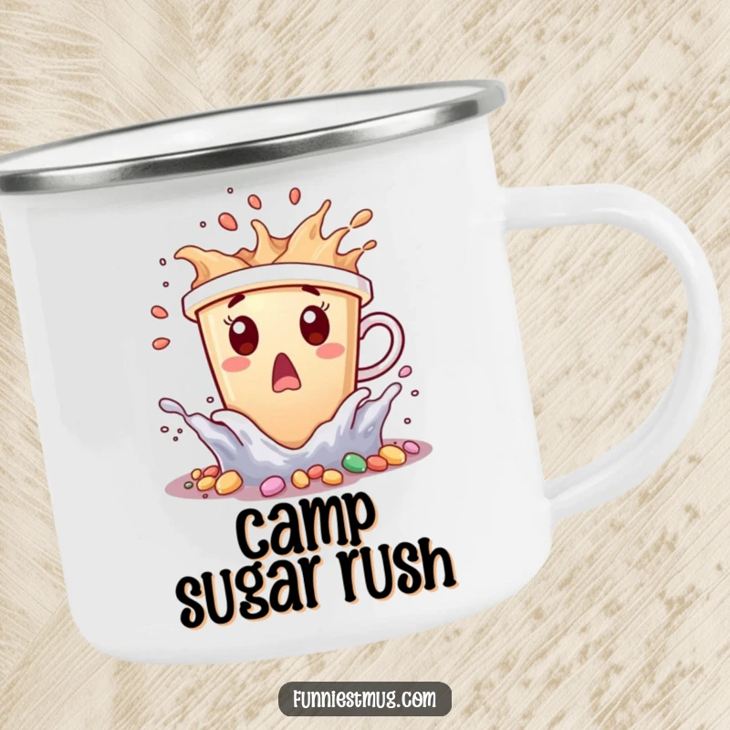 Funny coffee cup character surprised by tiny candy waves splashing, holding a camping mug.
