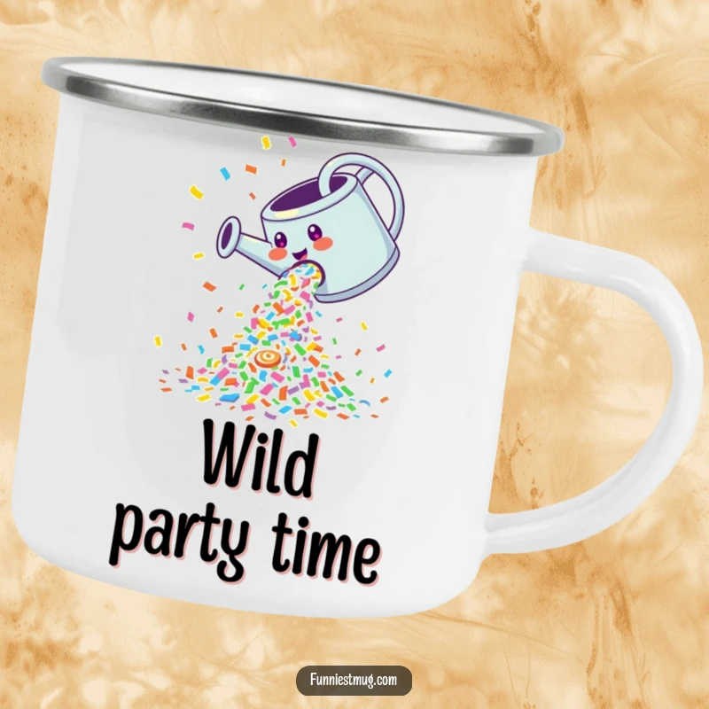 Funny Camping Mug: Giggling watering can pouring a cascade of colorful confetti, perfect for outdoor celebrations.